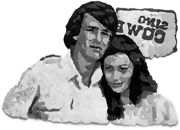Henrik Jacob, "Dean Reed und Renate Blume bei der Vorstellung des Films "Sing Cowboy, sing"<br>Wandpflaster, 2002<br>Knete<br>23 x 17cm